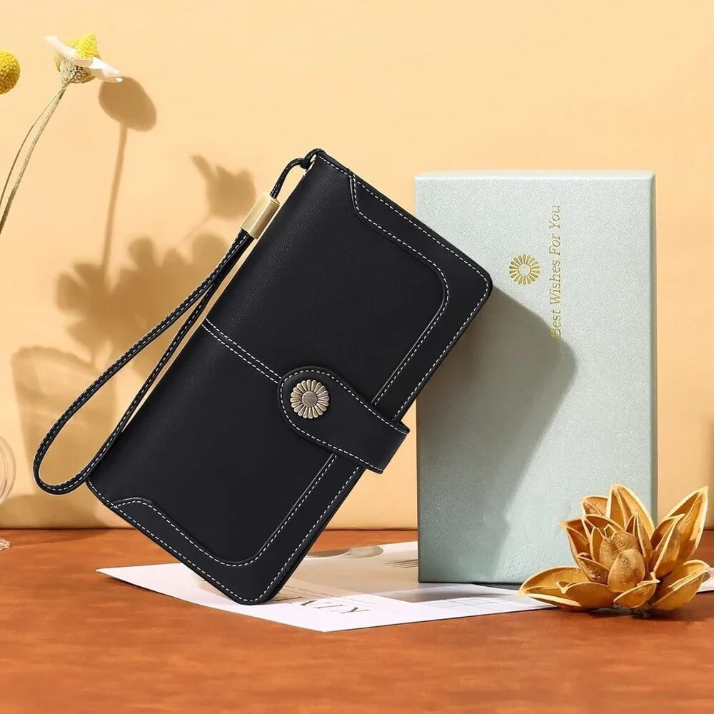 Women Leather Wallet RFID Blocking Bifold Large Capacity Zipper Coin Pocket